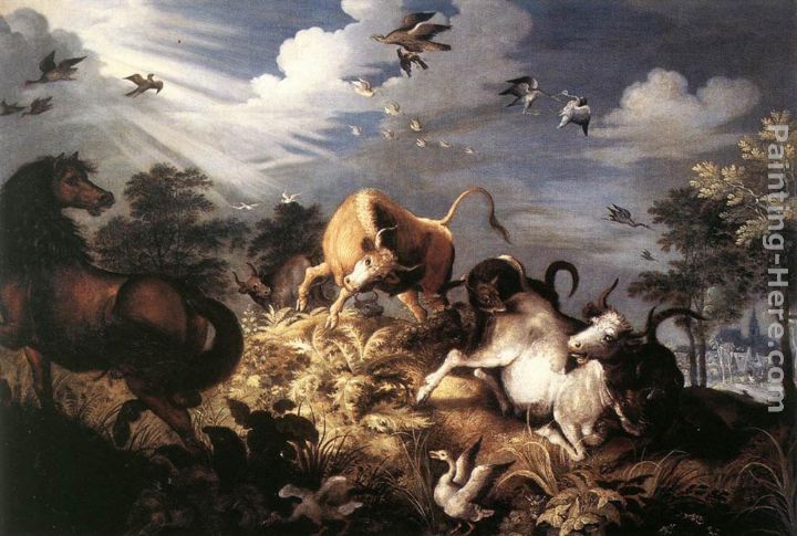 Horses and Oxen Attacked by Wolves painting - Roelandt Jacobsz Savery Horses and Oxen Attacked by Wolves art painting